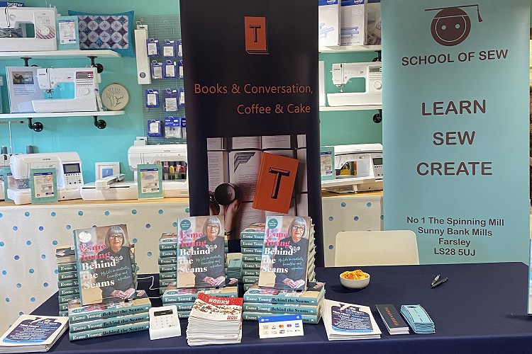 All set up ready for the book signing table show Trumans and School of Sew banners